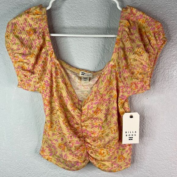 New! Billa Bong Peasant Croped Rushed Floral Print Orange Women’s Top Sz L - Picture 2 of 11